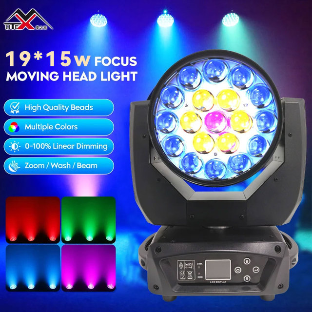 Low Price Stage Lighting MAC Aura 19x15watts RGBW 4-in-1 LED Moving Head Zoom Wash Light E27 DMX512 Control IP33 Rated