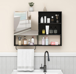 Armoire murale <span class=keywords><strong>de</strong></span> salle <span class=keywords><strong>de</strong></span> bain en bois noir avec étagères réglables, portes doubles, miroir et porte-serviettes, <span class=keywords><strong>rangement</strong></span> au-dessus des toilettes - Product Image 3