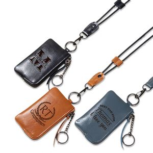 Personalised Vintage Fashion Hanging Neck Wallets Laser Engraved Keychain Lanyard Card Holder <b>Soft</b> PU <b>Leather</b> Mini Coin <b>Purse</b> - Product Image 1