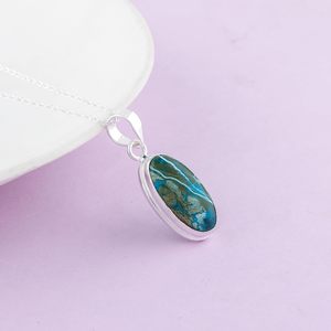 Collar con Colgante Ovalado de Crisocola Natural, Engaste en Bisel, Plateado, Unisex, para Uso Diario, Gema Curativa, Cristal Real - Product Image 3