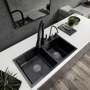 Évier <span class=keywords><strong>de</strong></span> cuisine double en acier inoxydable artisanal épaissi à texture <span class=keywords><strong>de</strong></span> grain <span class=keywords><strong>de</strong></span> <span class=keywords><strong>riz</strong></span>, design moderne à <span class=keywords><strong>trois</strong></span> trous - Product Image 1