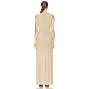 <span class=keywords><strong>Robe</strong></span> longue en maille lurex champagne sur mesure <span class=keywords><strong>pour</strong></span> femme, col montant, sans manches, boutons dorés, découpes, <span class=keywords><strong>robe</strong></span> de soirée, fabrication OEM/ODM - Product Image 3