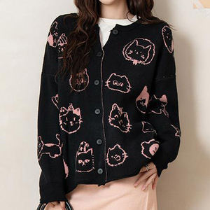 <span class=keywords><strong>Cardigan</strong></span> <span class=keywords><strong>Oversize</strong></span> <span class=keywords><strong>Nero</strong></span> con Stampa di Gatti per Donna - Top Casual Carino per Uso Quotidiano - Product Image 6