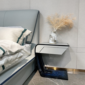 Mobili per camera da letto in stile moderno letto matrimoniale king size con comodino letto imbottito in pelle grigia per adulti - Product Image 3