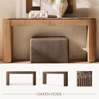 Console en bois de chêne rainuré OAKEN avec plateau en marbre naturel, table d'appoint rustique en bois pour entrée, canapé, salon, villa, hôtel