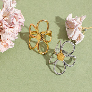 Flower Ring Stainless Steel Gold Silver Color <b>Block</b> Hollow Design Adjustable Unisex Jewelry Gift - Product Image 4