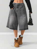 Personnalisé Hommes Rétro Vintage Solide Mode Tendance Street Skater Denim Lavé Jeans Bermuda Shorts Super Loose Fit Long Shorts