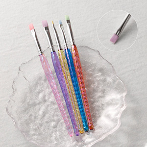5Pcs Colorful Crystal Handle Nail Art Flat Brush <b>Set</b> <b>Crimped</b> Ferrule Macaron UV Gel Painting Pens - Product Image 5