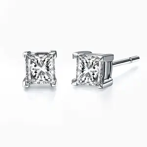 Genuine Moissanite 925 Silver Stud 1ct Princess Square Cut Single Diamond Sterling Silver Earrings for Men and Women