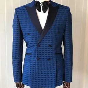 Oem कस्टम दर्जी एकल छाती रंगीन जाकेट पुरुषों ब्लू प्लेड पुरुषों सूट दूल्हे पहनने सूट शादी के लिए