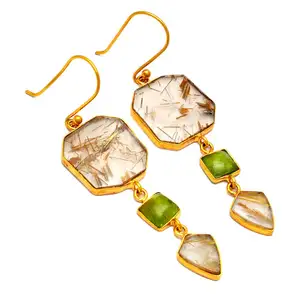 best quality genuine golden rutile peridot Gemstone dangle earrings Sterling Silver Gold Plated Handmade earring Fine Jewelry