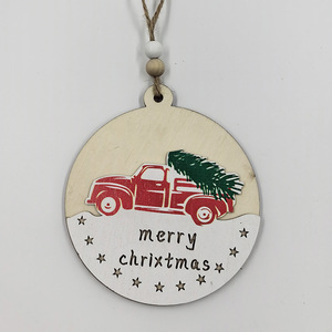Christmas Wooden <b>Ornaments</b> Round <b>Car</b> Tree Design With Hemp Rope For Home Decoration - Product Image 2