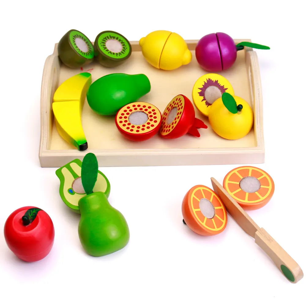 Kids Kitchen Toys Wooden Cutting Set Food Role Play Pretend Play with Wooden Tray Educational Cooking Toy for Kids Girls Boys