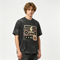 T-shirt noir délavé à l'acide avec motif Route 66 Boombox, en coton épais, effet usé, style streetwear vintage pour homme