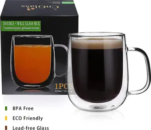 Tasse à café en verre CnGlass, fabrication directe, haute qualité, faite à la main, double paroi en verre borosilicate, tasse à cappuccino avec poignée pour le thé - Product Image 6