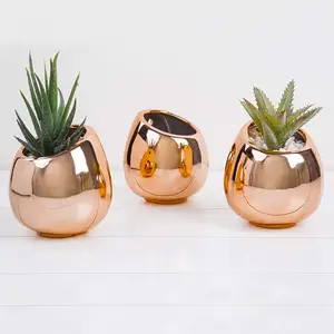 buatan tanaman menggantung dekorasi vas Suppliers-Rose Gold-Tone Dinding Mountable/Freestanding Pot Keramik Vas Gantung Tanaman Pot Set 3