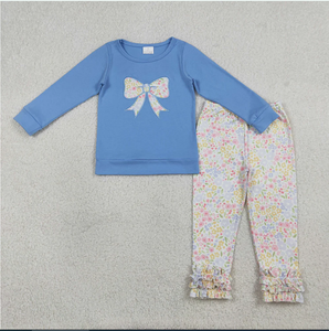 Ensemble de vêtements de printemps pour filles, haut bleu avec broderie de nœuds GLP3243, pantalon à fleurs colorées - Product Image 1