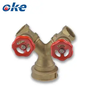Okefire 2路消火栓阀黄铜水分配器分水阀，带2个钢手轮