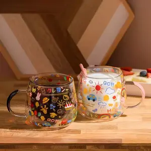 Double-wall Glass Print Lovely Coffee Cup With Handle High-color Value Transparent Double-wall Glass Cup