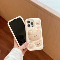 Casing Handphone Silikon Lembut 3D Bentuk Beruang Kopi Kartun Lucu dengan Stand Retractable untuk Iphone 16 Pro 15