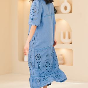 Robe en coton et lin personnalisable à la mode, col rond, décontractée, manches courtes, mi-longue, robe d'été pour femmes - Product Image 1