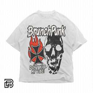 T-shirt Oversize Unisex BrunchPunk con Teschio e Croce Fiammeggiante - Stile Streetwear Punk Rock Vintage Grunge - Product Image 1