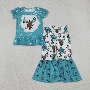 wholesale children clothing set <strong>Girls</strong> western <strong>cow</strong> short sleeve <strong>outfit</strong> - Product Image 1