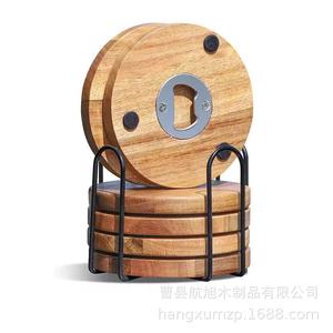 Posavasos de madera de acacia redondos de color sólido, aislantes del calor, para tazas de té y café con abridor de botellas - Product Image 2