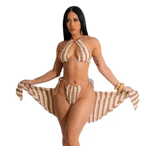 2024 Women's Sexy Striped Swimwear Custom Made 3PCs Strappy Swimsuit Bikini with Cover Up OEM Service Available