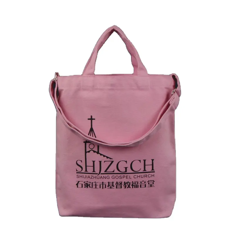 Bolsa de lona rosa con logotipo personalizado impreso, bolso de compras de lona con asa