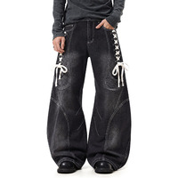 Jeans à lacets style américain pour hommes et femmes, design patchwork, coupe ample et large avec un ourlet incurvé, longueur au sol