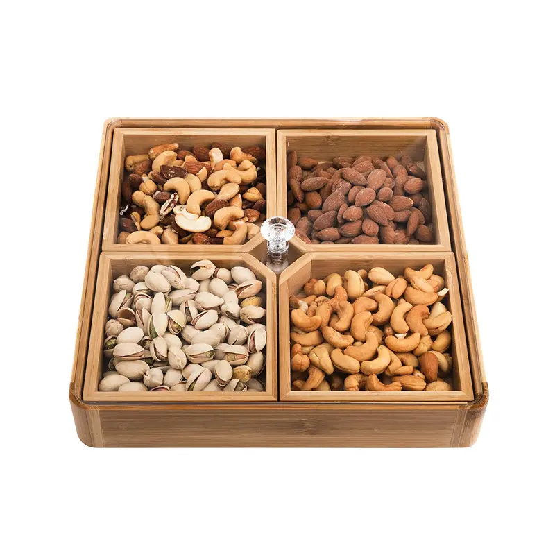 Caja de madera de bambú para frutos secos, contenedor de 4 rejillas divididas para frutos secos
