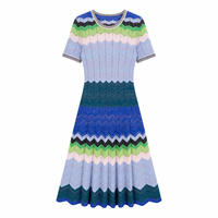 Robe midi en tricot bleu-vert à chevrons personnalisée pour femmes, col rond, manches courtes, coupe évasée, OEM ODM