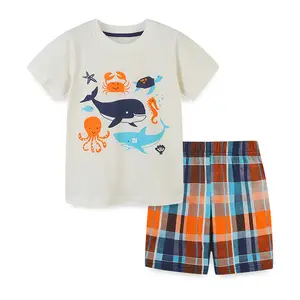 Летняя оптовая продажа, детская одежда, Детская футболка с коротким рукавом и принтом, комплект одежды для мальчиков, весенний качественный хлопковый костюм из футболки