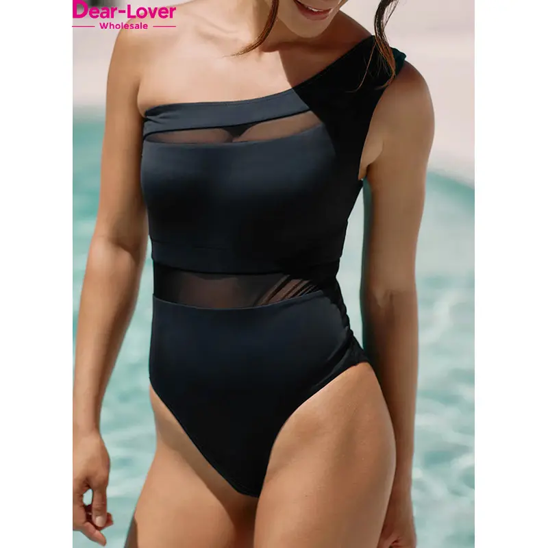 Dear-Lover Wholesale Summer Mesh Insert One Shoulder Beach Wear High Waist Teddy One Piece Women Swimsuit