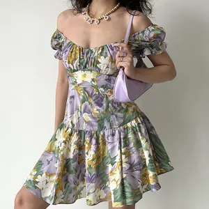 Design de mode robe printemps été femmes manches bouffantes imprimé fleuri mini robes Boho fête dîner plage robe Vintage