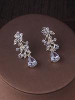 Parure de bijoux de mariée de luxe vintage plaqué argent avec cristaux, collier pendentif floral en zircon et boucles d'oreilles pendantes pour cadeau de fiançailles ou de fête