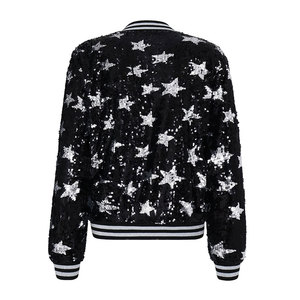 Loveda Custom Women Autumn Winter <strong>Sequined</strong> Star <strong>Silver</strong> Embellished Zipper <strong>Jacket</strong> - Product Image 4