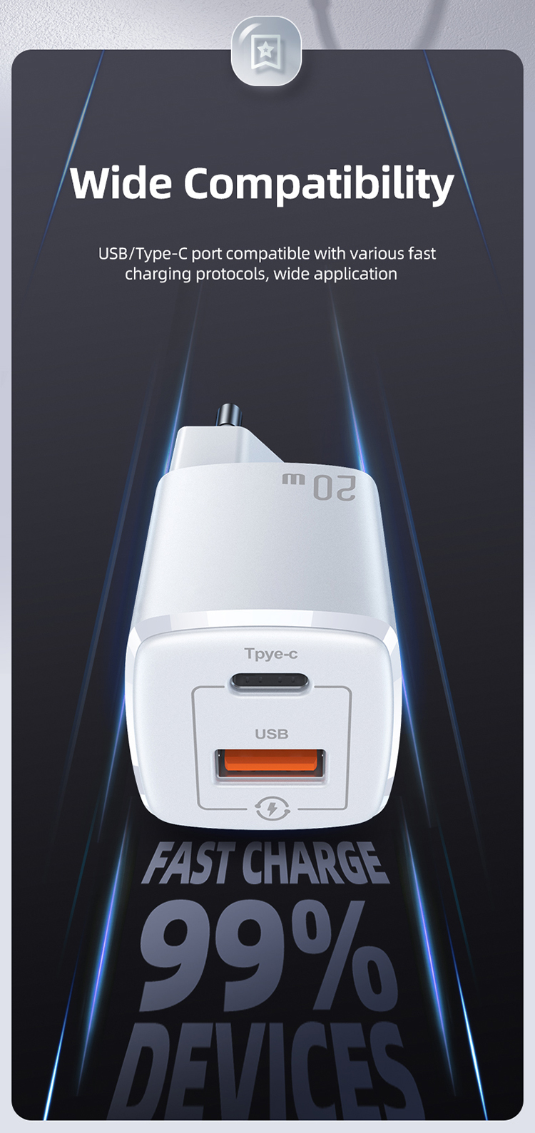 USAMS T37 Super Si 20W QC3.0+PD Fast Charger with Type C and USB 2 Ports (EU) US-CC128 21 H5b89dadfa05346b5ba9c763745ebfcc9C