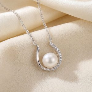 S925 Sterling Silver Freshwater Pearl <b>U</b> Shape Pendant Necklace with CZ Lucky Horseshoe Design for Women - Product Image 2