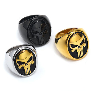 Anillo de hombre chapado en oro PVD de 14k 18k, personalizado al por mayor, de acero inoxidable 316L, resistente al deslustre, con diseño de calavera gruesa, estilo motero, para hombre. - Product Image 1