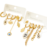 Ensemble de boucles d'oreilles en acier inoxydable et or 18 carats, créoles pendantes avec breloques œil, étoile, papillon, cristaux CZ verts et rouges, bijoux pour femmes, vente en gros, personnalisation OEM