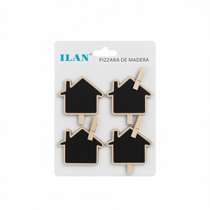 Set di 4 lavagnette in legno a forma di casa Ilan 8x8,5 cm con clip per appunti e decorazioni - Product Image 2