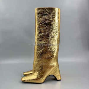 Botas Metálicas Plateadas de Cuero de Becerro con Efecto Metálico, Tacón de Puente de 8.5cm/3.3 Pulgadas, de Lujo para Mujer, Altura hasta la Rodilla, Suela de Cuero - Product Image 6