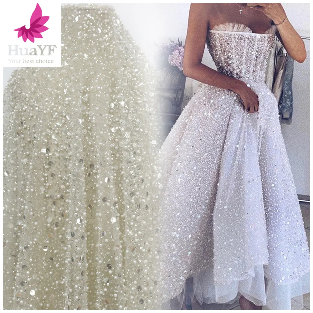 गर्म बिक्री सफेद फ्रेंच क्रिस्टल उदय सेक्विन कपड़े के साथ मोती और मोती शादी दुल्हन फीता पोशाक कपड़े HY1334-1