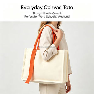 Sac fourre-tout en toile de coton laminée avec logo personnalisé imprimé et sangle orange, sac publicitaire promotionnel, sac de shopping promotionnel - Product Image 3