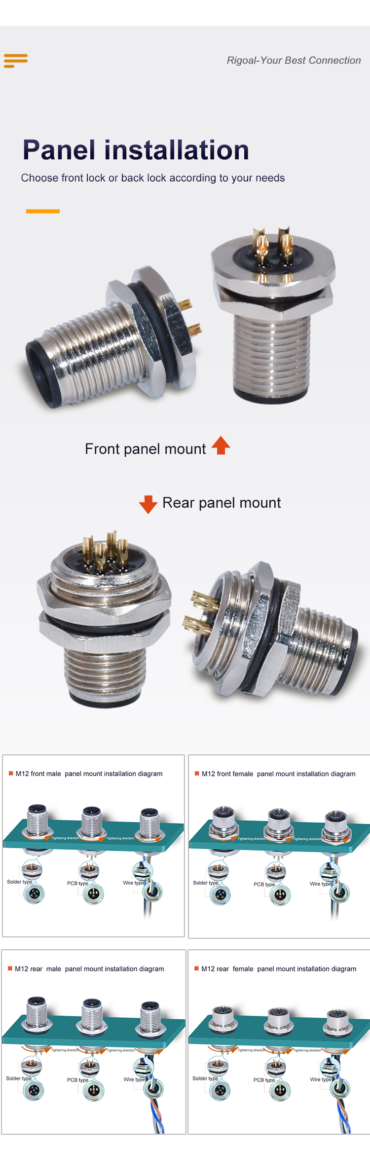 Ip67 M12 Waterproof Connector A Code Panel Mount Front Rear Lock Cable TPU GF