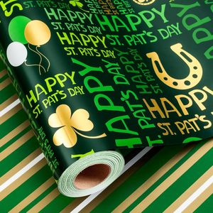 St. Patrick's Day Wrapping <b>Paper</b> Metallic Foil Green Shamrock Design 1 <b>Roll</b> Gift <b>Wrap</b> for St. Pat's Day Celebration - Product Image 1