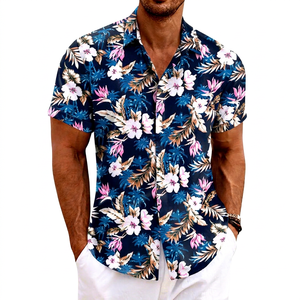 Chemise en lin légère imprimée pour homme, personnalisable avec logo ODM, manches courtes, col à revers, motif floral hawaïen rayé, fermeture cachée - Product Image 1