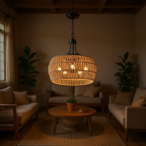 Luminaire suspendu en corde de chanvre de style bohème, chaîne réglable ronde, abat-jour en corde naturelle, luminaire de plafond, LED blanc chaud E26, corps noir - Product Image 2